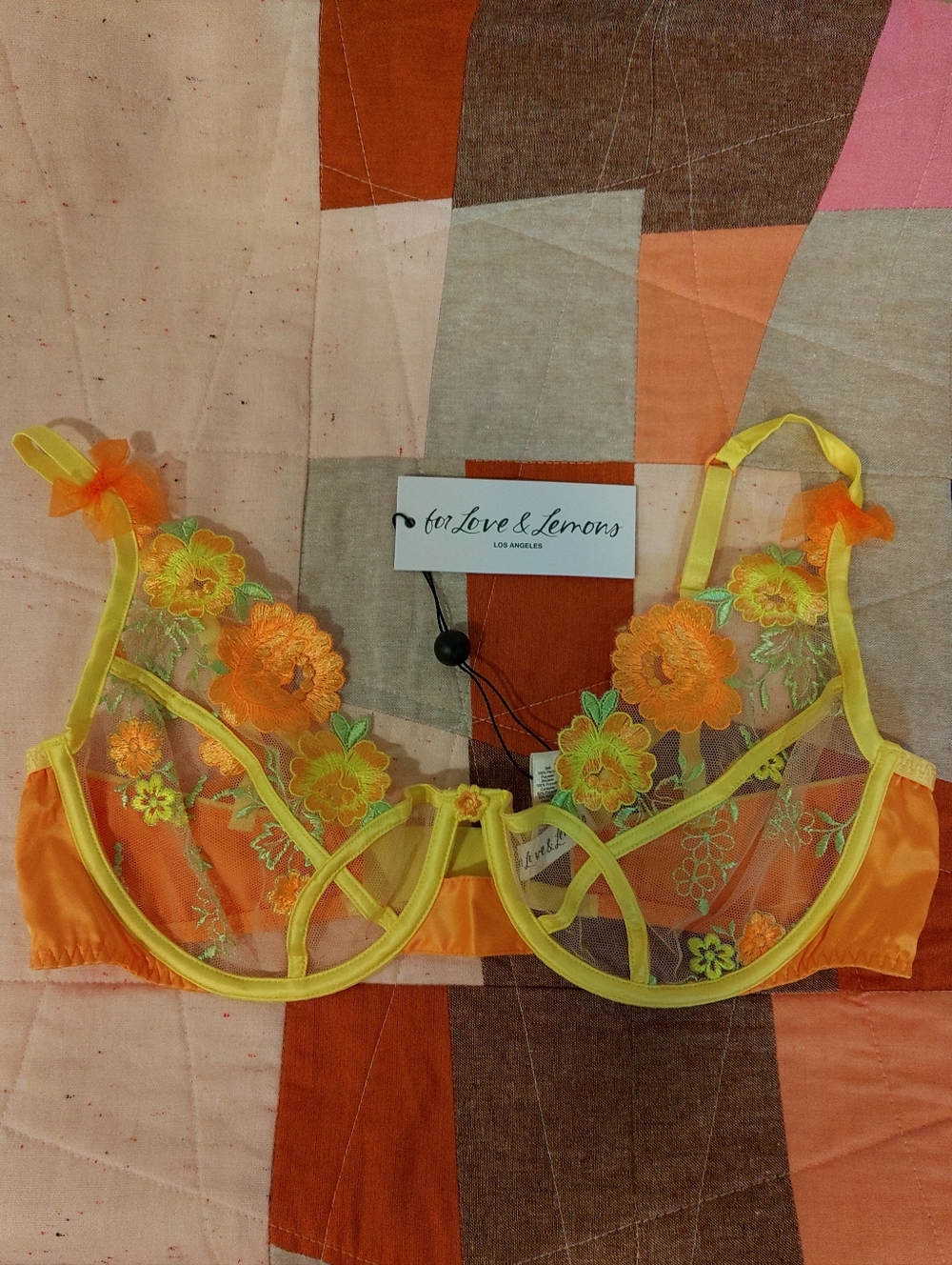 For Love & Lemons Yellow & Orange Floral Sheer Underwire Bra